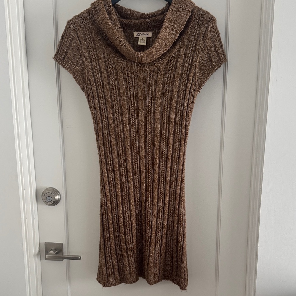 Cable-Knit Cowl Neck Brown Sweater Dress - M